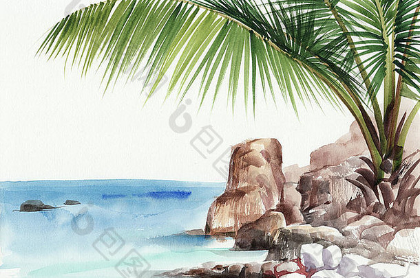 热带度假胜地视图棕榈原始水彩绘画