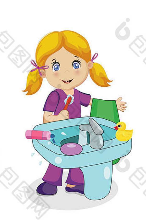 可爱的微笑婴儿女孩字符金发女郎头发刷牙牙齿水槽浴室孤立的白色背景牙刷毛巾手孩子