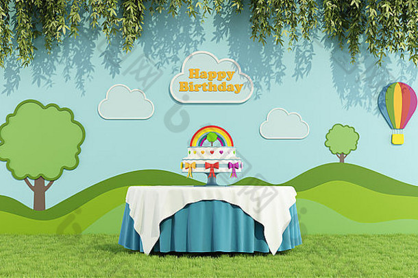 生日聚会，派对花园轮表格蛋糕色彩斑斓的装饰墙呈现