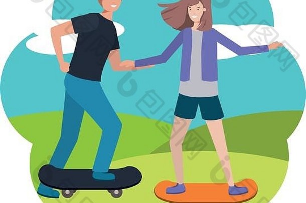 年轻的夫妇滑板字符
