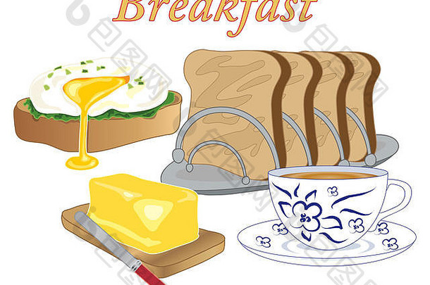 插图早餐风格食物挖走蛋烤面包黄油杯茶白色背景