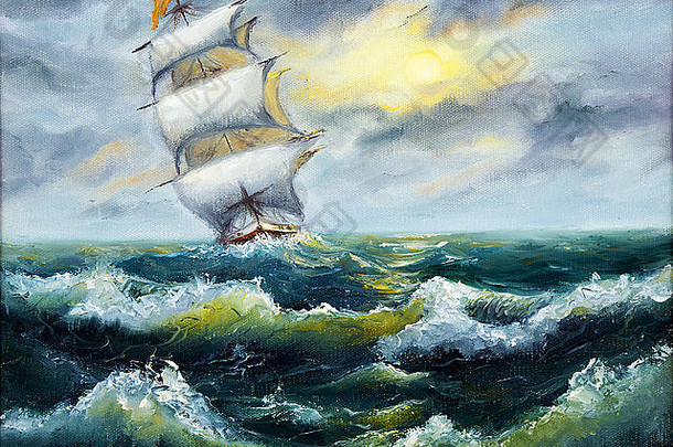 原始石油绘画航行船海帆布斯托姆海洋现代印象主义现代主义marinism
