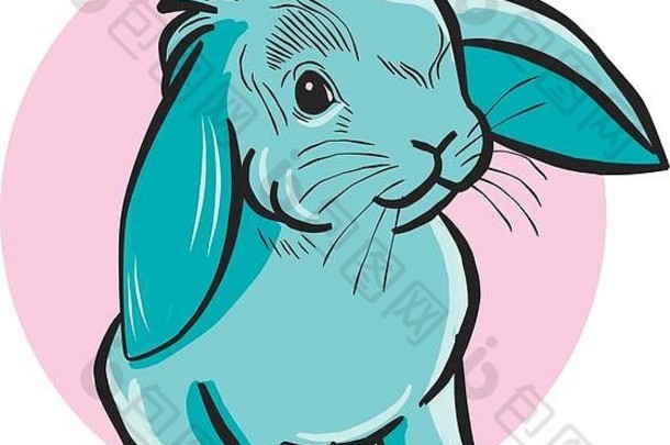 插图蓝色的兔子坐着