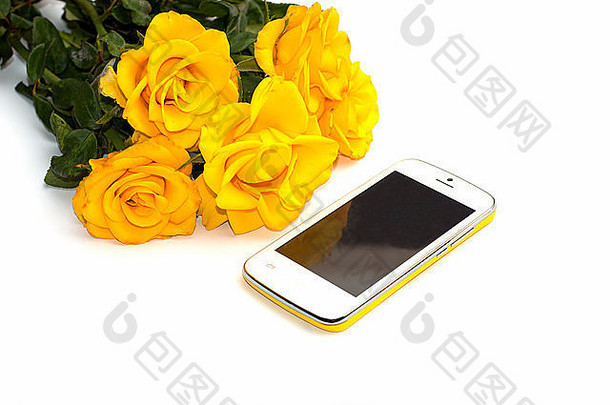 花束黄色的玫瑰移动电话生活孤立的图像