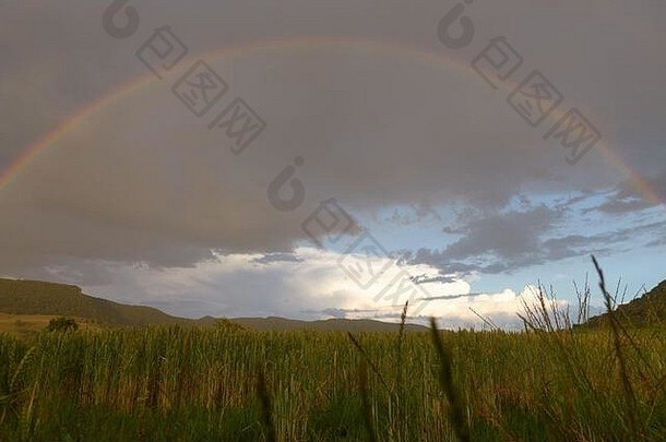 长彩虹前面灰色的雨云绿色小麦场前景斯瓦比亚的妄想德国