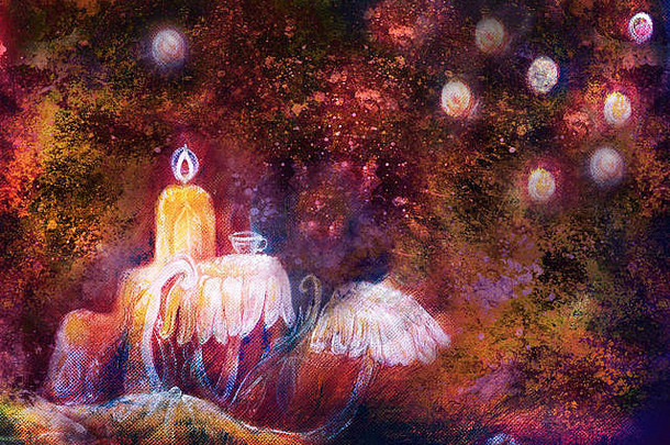 神奇的仙女喝茶时间表格设置组成花浮动灯穆斯结构
