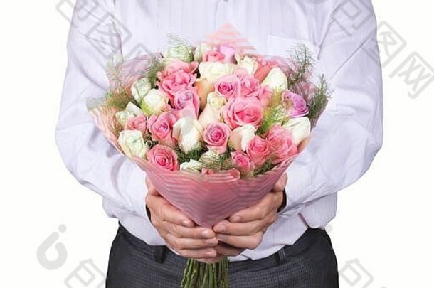 男人。白色衬衫持有婚礼花束手大花束红色的白色粉红色的玫瑰母亲的一天情人节一天订婚
