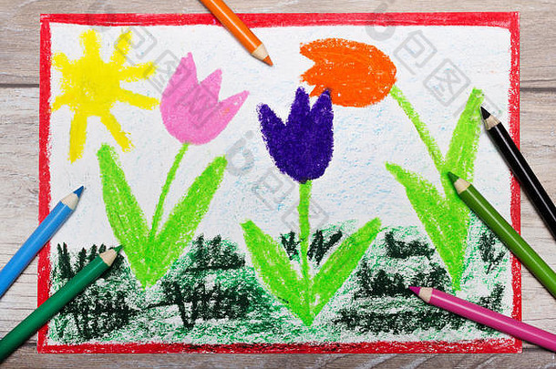 色彩斑斓的手画树美丽的郁金香花太阳春天