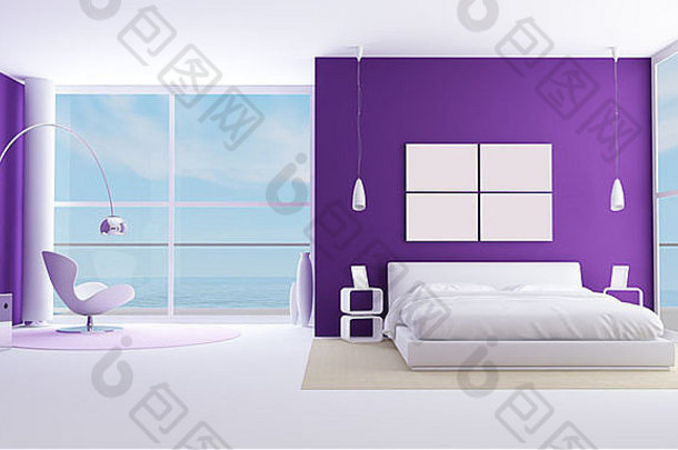 当代紫色的卧室极简主义白色卧室呈现