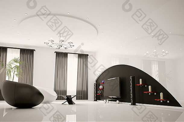 现代室内生活房间扶手椅液晶显示器渲染