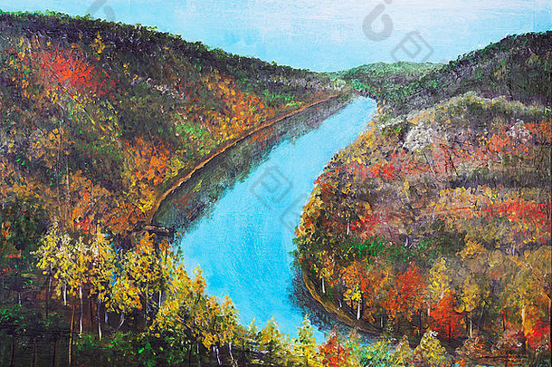 沉默秋天河流金山景观手工制作的摘要艺术画插图帆布