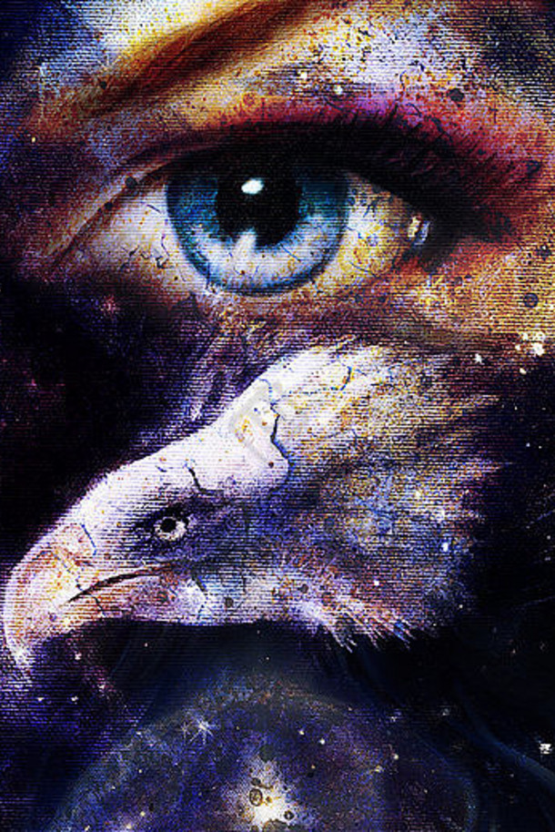绘画鹰女人眼睛摘要背景空间星星翅膀飞