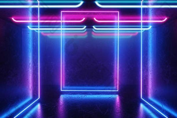 荧光充满活力的霓虹灯未来主义的sci发光的紫色的蓝色的虚拟现实网络隧道混凝土难看的东西地板上房间大厅工作室阶段空空间
