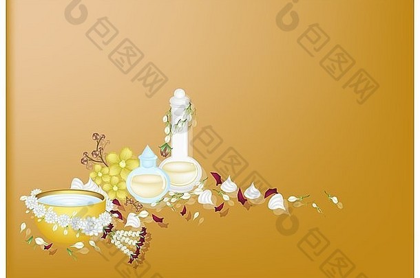 泼水节节日黄金背景瓶至关重要的石油香水水茉莉花加兰传统的节日
