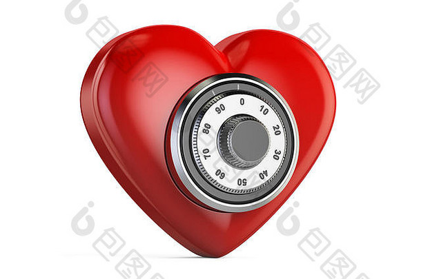 红色的心安全结合锁呈现孤立的白色背景