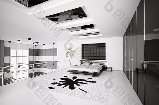 室内现代白色黑色的卧室渲染