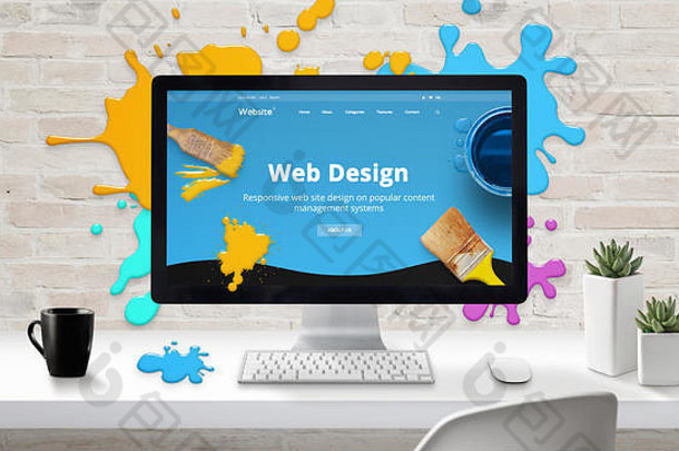 网络设计概念现代网络网站电脑显示包围刷颜色滴