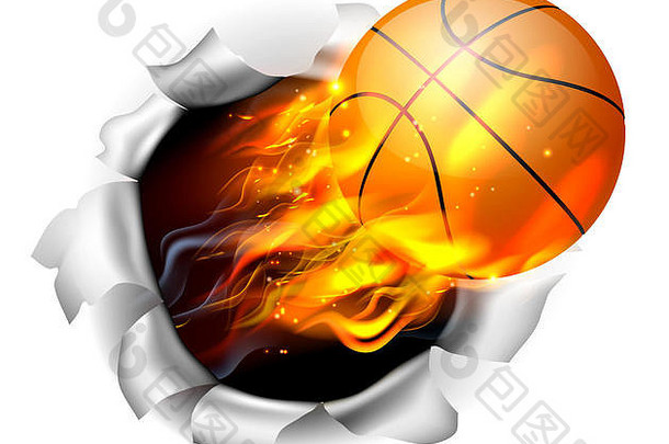 插图燃烧燃烧的篮球球火撕裂洞背景