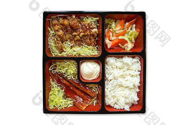 各种各样的日本食物bento服务木盒子