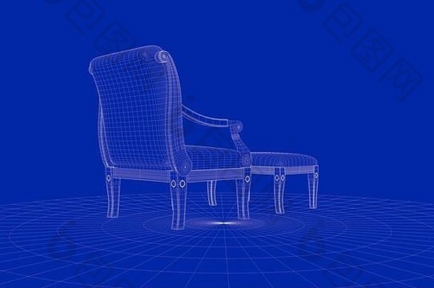 呈现大纲椅子对象蓝色的背景