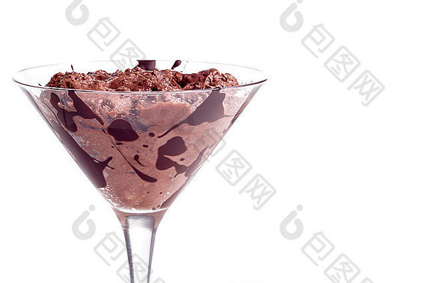 玻璃美食摄影甜点甜蜜的棕色（的）巧克力摩丝装饰食物放纵黑暗奶油focu孤立的白色