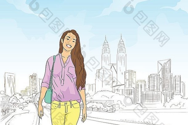 亚洲女孩现代城市城市景观背景
