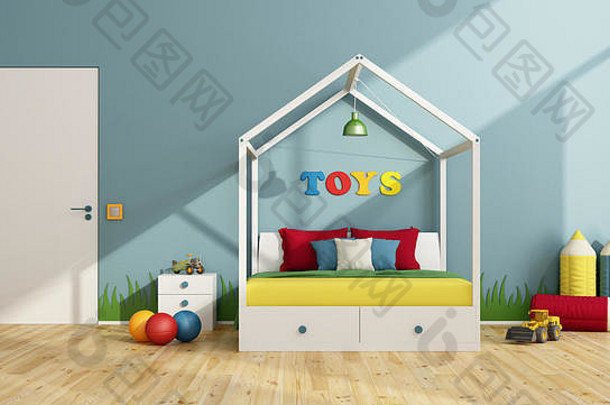色彩斑斓的孩子们卧室树冠床上关闭通过玩具呈现