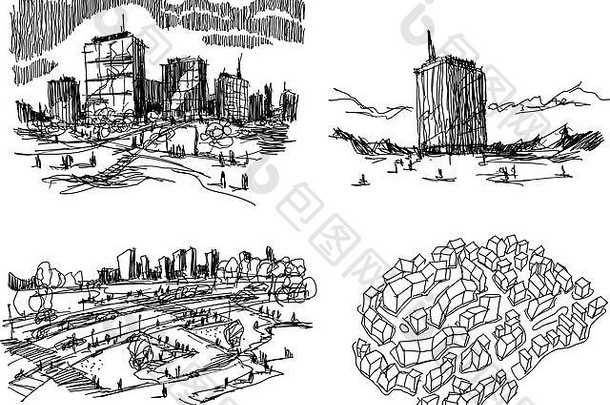 手画architectectural草图现代城市小镇体系结构天际轮廓线