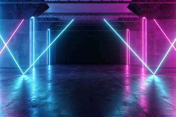 宇宙飞船虚拟未来主义的sci霓虹灯发光的荧光跟踪紫色的<strong>蓝色</strong>的粉红色的走廊路径门<strong>隧道</strong>画廊光行三角形形状的哪里