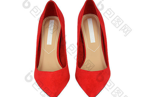 一对优雅的红色的仿麂皮穿高跟鞋的鞋子孤立的