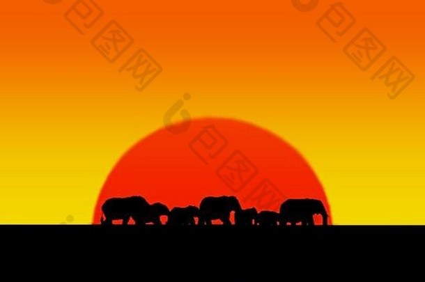 链非洲大象橙色日落非洲图像明亮的黄色橙色轮廓