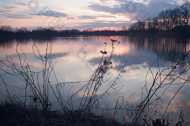 美丽的idylic场景日落湖云基斯设置太阳镜像水表面湖树成长实习医生风云