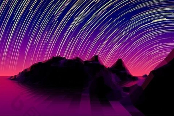 山景观风格synth波多边形网格明星小道紫色的地平线