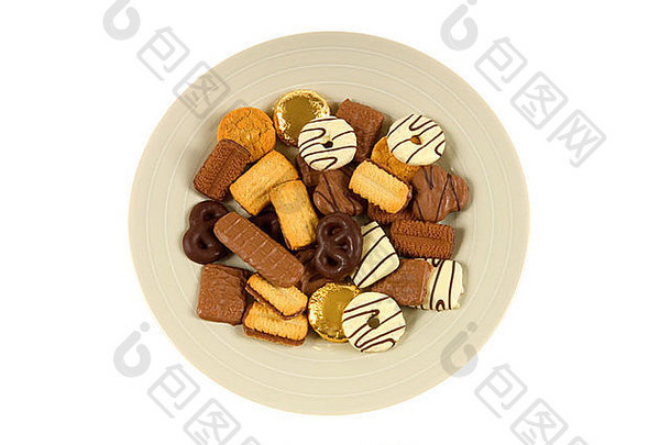 品种巧克力饼干板纯白色背景
