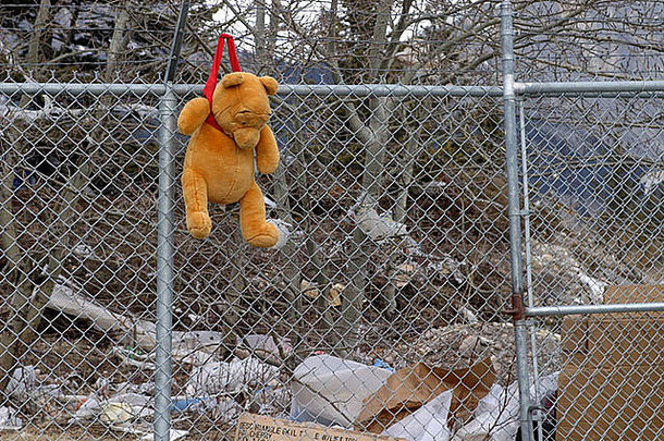 泰迪熊孤独的被遗弃的附加栅栏垃圾转储