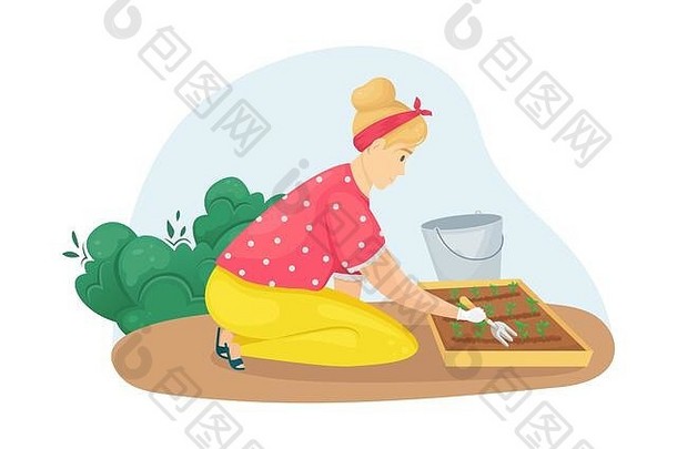 女人坐着膝盖放松床上幼苗种植日益增长的蔬菜护理花园农业农业