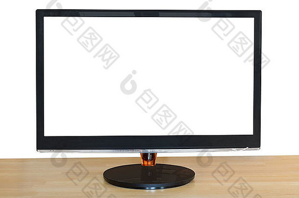 前面视图电脑黑色的宽屏显示断路屏幕木表格孤立的白色背景