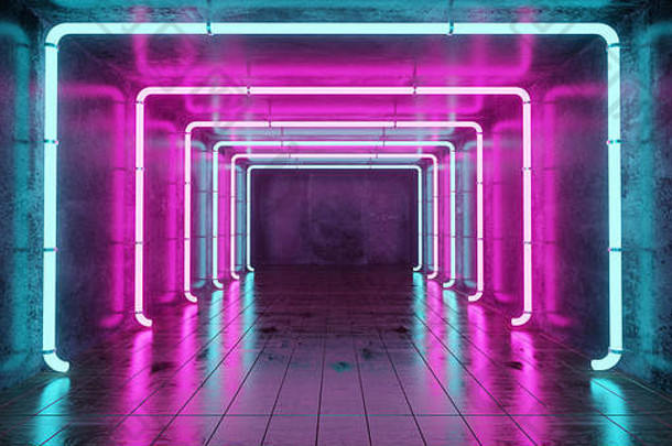摘要未来主义的sci混凝土房间发光的霓虹灯灯反射空间文本呈现插图