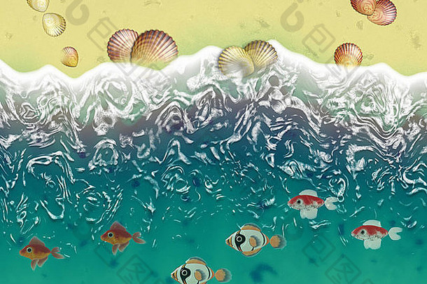 海贝壳沙子海滩色彩斑斓的鱼水