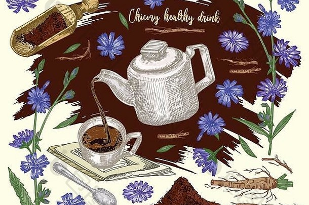 标签卡贴纸现实的植物颜色草图菊苣花粉茶壶茶杯勺子孤立的棕色（的）背景花