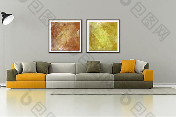 极简主义休息室色彩斑斓的现代沙发呈现