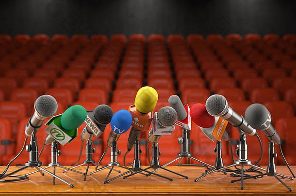 新闻会议面试事件概念麦克风质量媒体广播会议大厅红色的座位观众