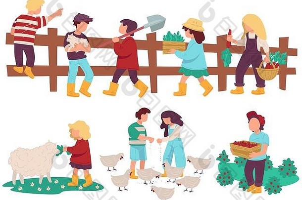 孩子们帮助农场孩子们动物植物