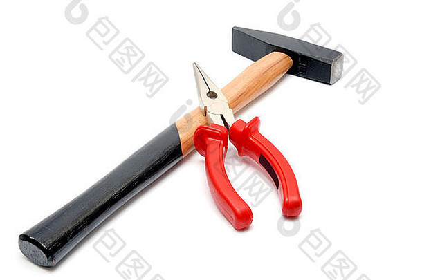 工具集合锤木处理扁嘴钳红色的处理孤立的白色背景