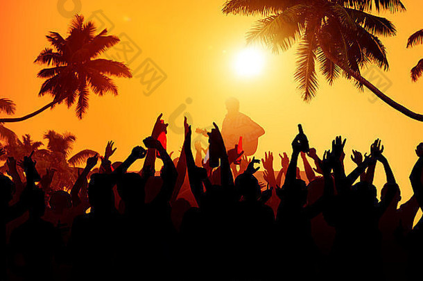 夏天音乐节日海滩聚会，派对表演者兴奋概念
