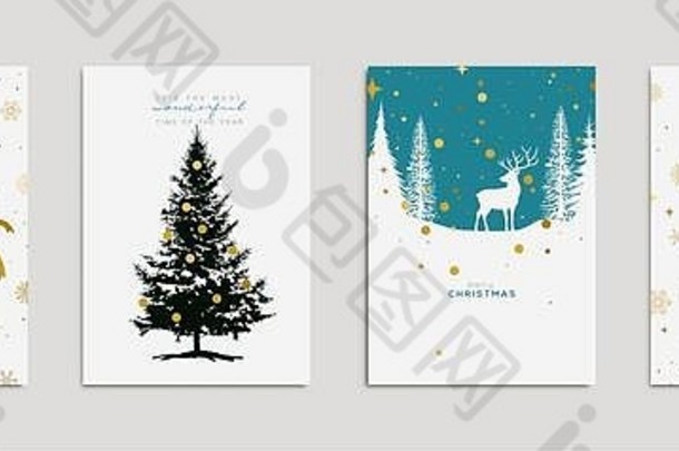 假期问候卡设计圣诞节元素包括驯鹿松树雪花星星