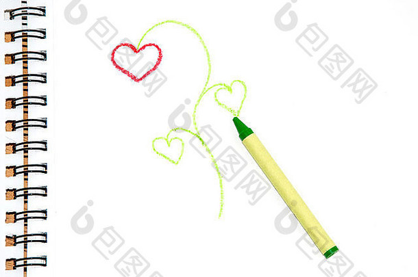 绿色蜡笔草图纸涂鸦植物心形状的花叶子