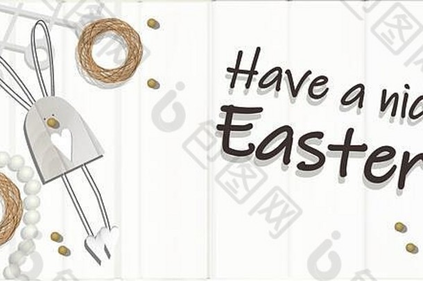 假期横幅复活节复活节设计白色珍珠珠子花边丝带木玩具毛兔子木光背景平躺前视图