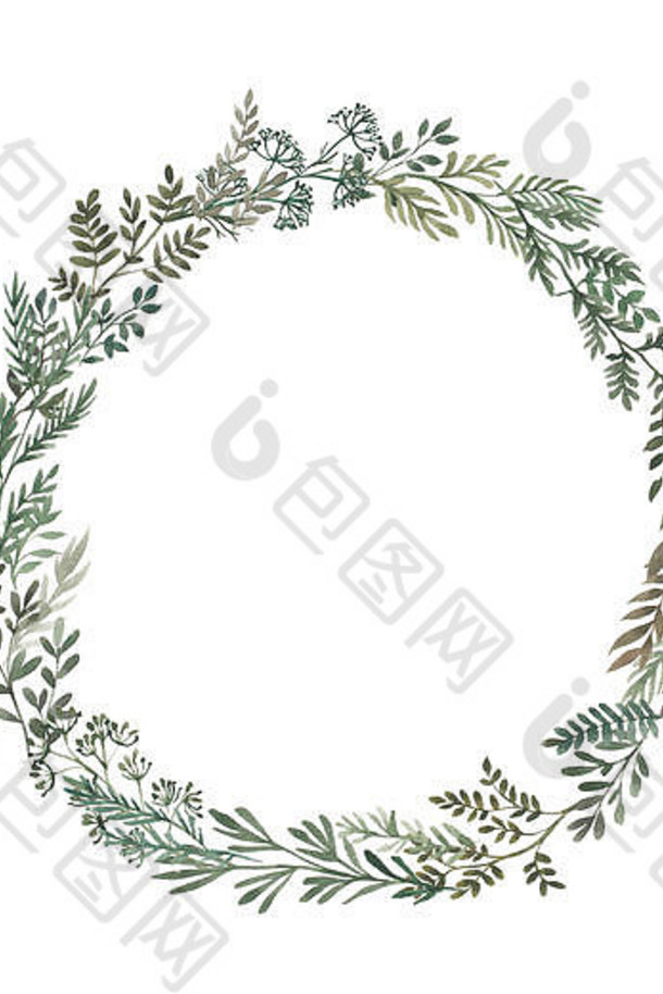 婚礼邀请框架集叶子水彩孤立的白色勾勒出花环花草本植物加兰绿色绿色植物颜色手画