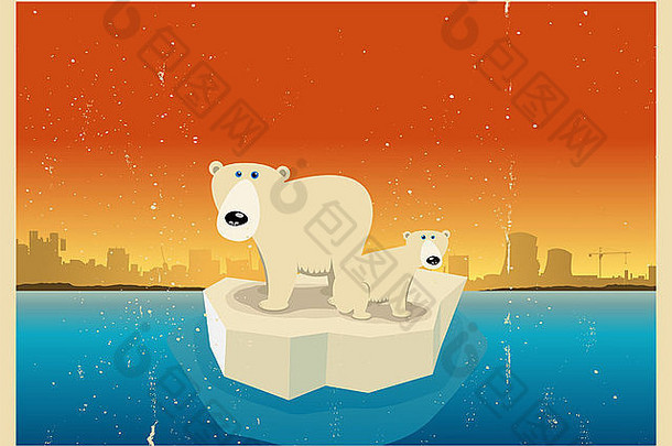 插图极地熊家庭接近文明冰块全球气候变暖